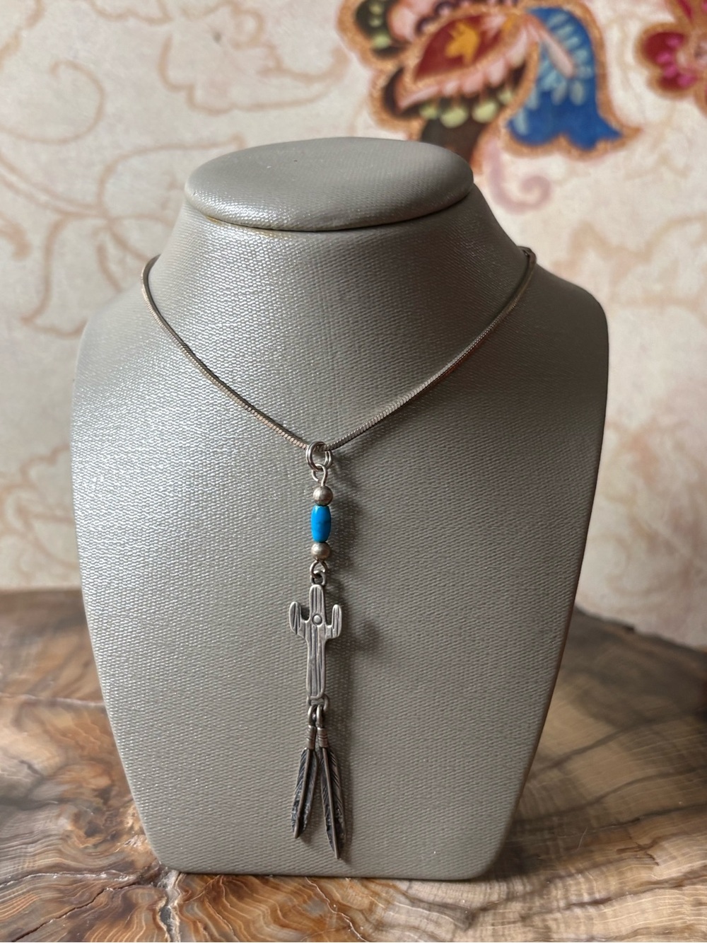 Sterling Silver Cactus Pendant with Turquoise Beads and Silver Feathers
